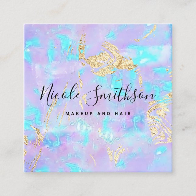 faux iridescence purple opal square business card (Front)