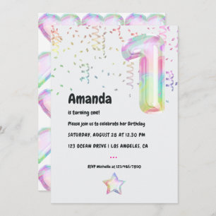 Faux Iridescent Balloon 1st Birthday Invitation