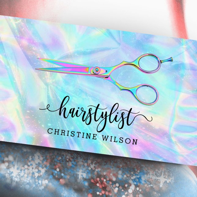 faux iridescent effect hairstylist scissors business card (Creator Uploaded)