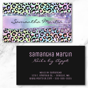 Faux Iridescent Foil Brush Stroke Rainbow Leopard Business Card