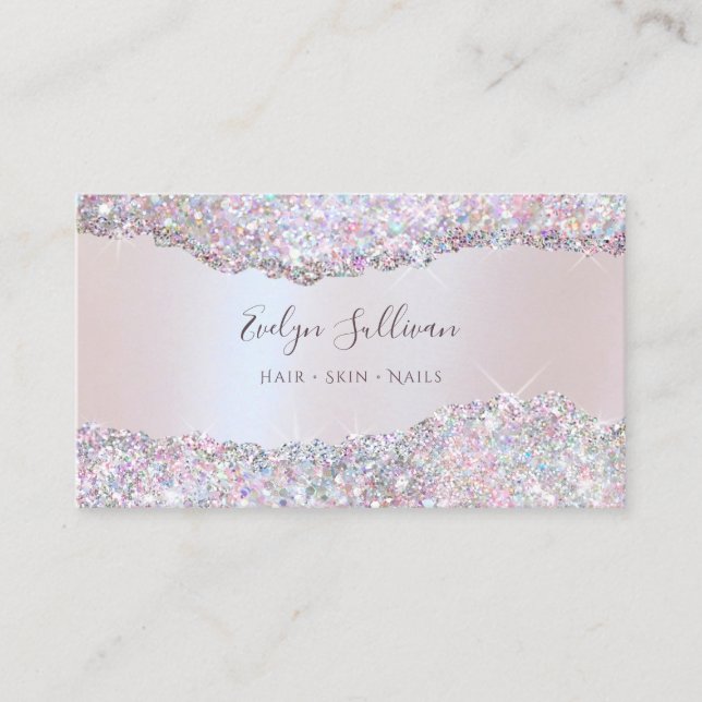 Faux iridescent pink glitter foil business card (Front)