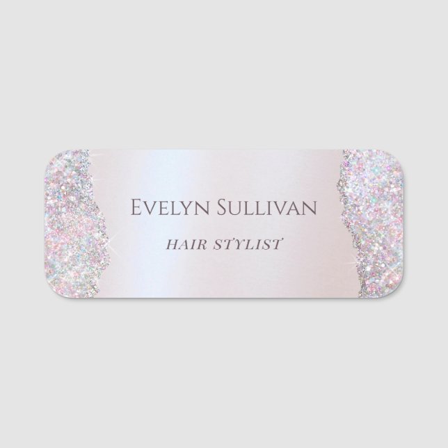 Faux iridescent pink glitter foil name tag (Front)