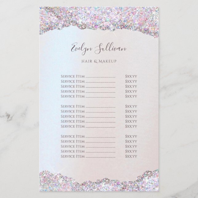Faux iridescent pink glitter foil price list flyer (Front)