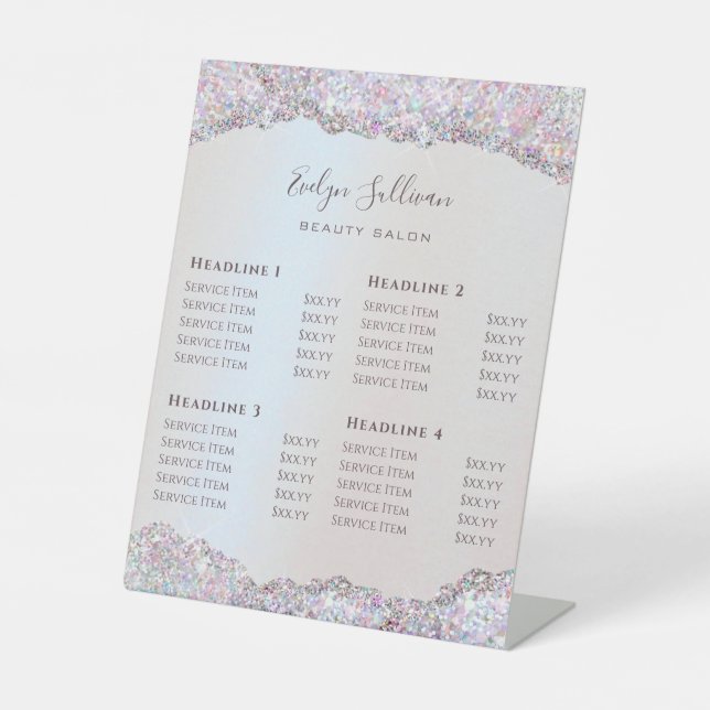 Faux Iridescent Pink Glitter Foil Price List Pedestal Sign (Front)