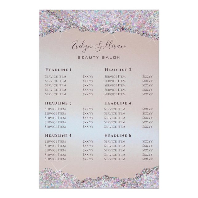 Faux Iridescent Pink Glitter Foil Price List Poster (Front)