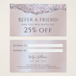Faux iridescent pink glitter foil referral card