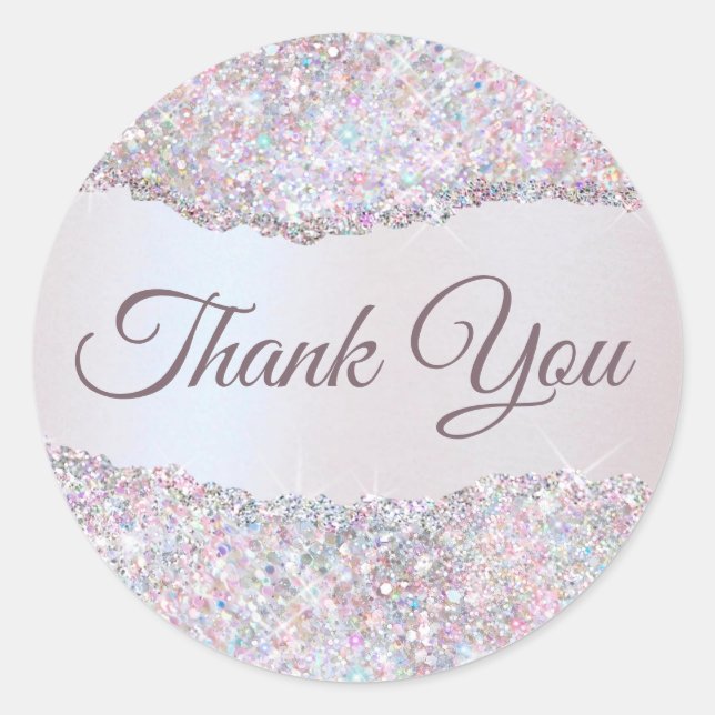 Faux iridescent pink glitter foil thank you  classic round sticker (Front)