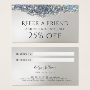 Faux iridescent silver glitter foil referral card