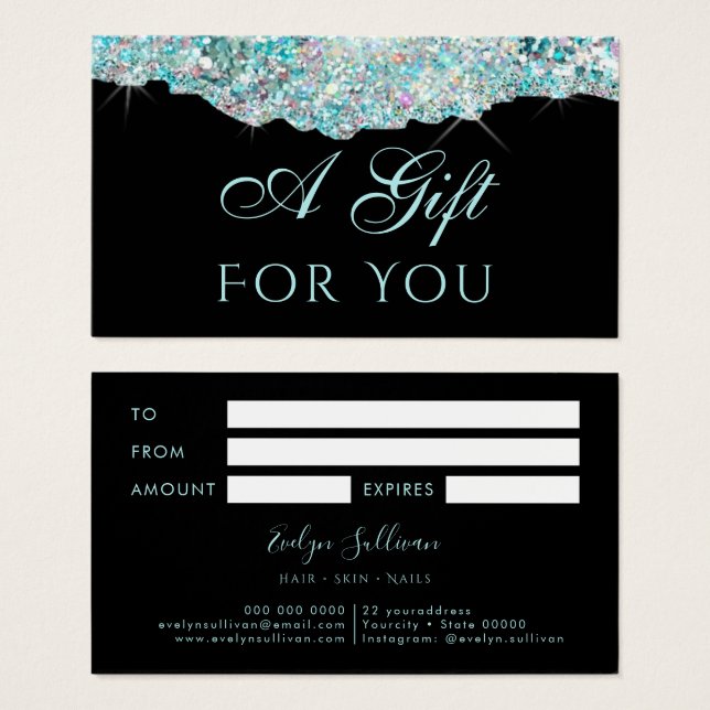 Faux iridescent teal glitter sequin gift card (Front & Back)