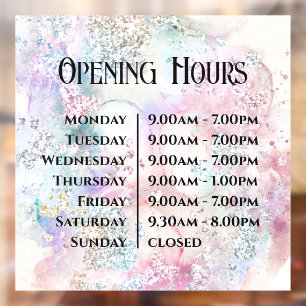 Faux Iridescent Watercolor Glitter Opening Hours Window Cling