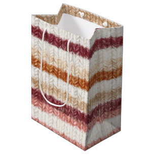Faux Knitt Red Pink White Orange Stripes Birthday Medium Gift Bag
