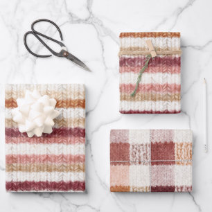 Faux Knitt Red Pink White Orange Stripes Birthday Wrapping Paper Sheet