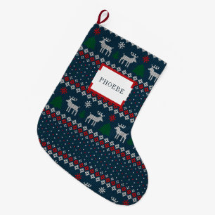 Faux Knitting Pattern Christmas Tree and Deer Large Christmas Stocking