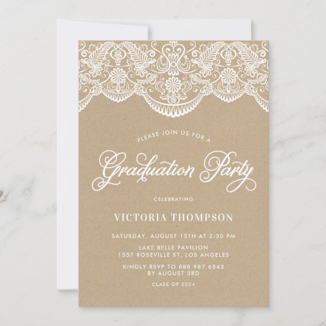 Faux Kraft Brocade Lace Graduation Party Invitation (Front)