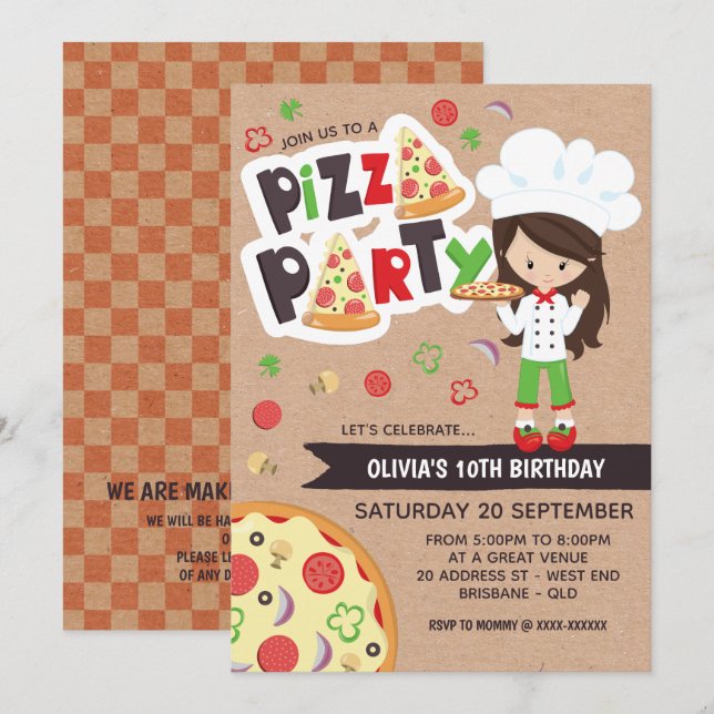 Faux Kraft Girl Pizza Party Birthday Invitation (Front/Back)
