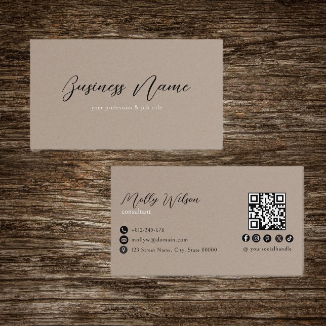 Faux Kraft Minimalist QR Code Social Media  Business Card (Creator Uploaded)