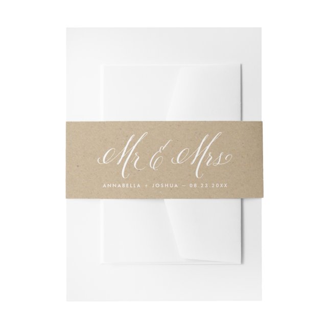 Faux Kraft Paper Mr. & Mrs. Elegant Script Wedding Invitation Belly Band (Front Example)