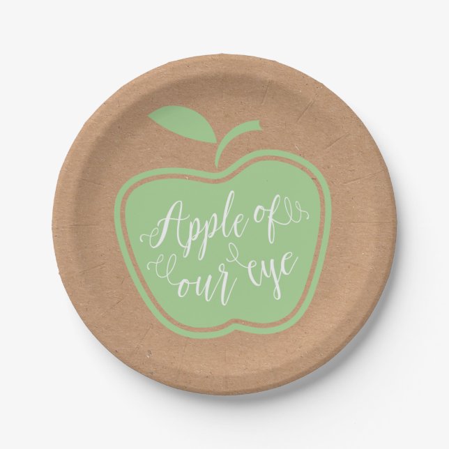 Faux Kraft Rustic Apple Of My Eye Baby Shower Paper Plate (Front)