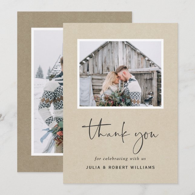 Faux Kraft Rustic Wedding 2 Photo Thank You Card (Front/Back)