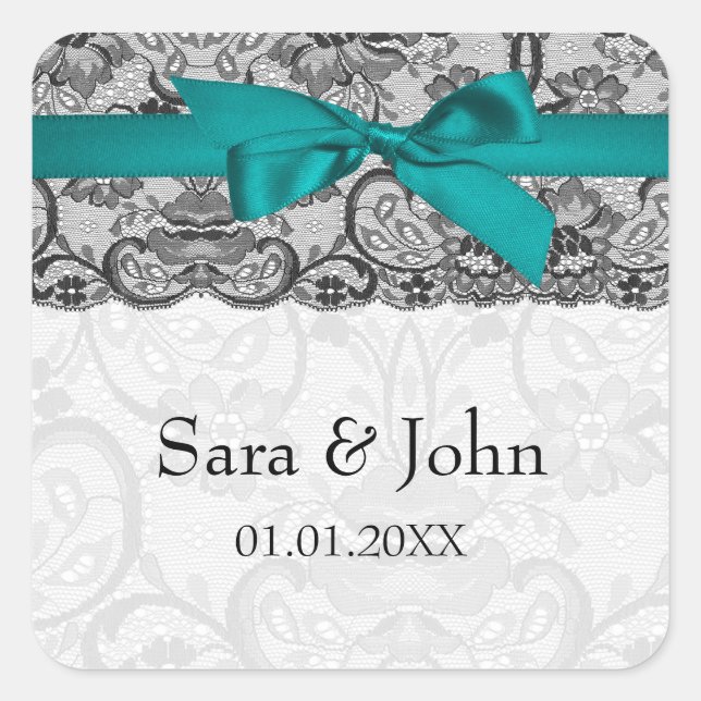 Faux lace and ribbon aqua ,black  envelope seals (Front)