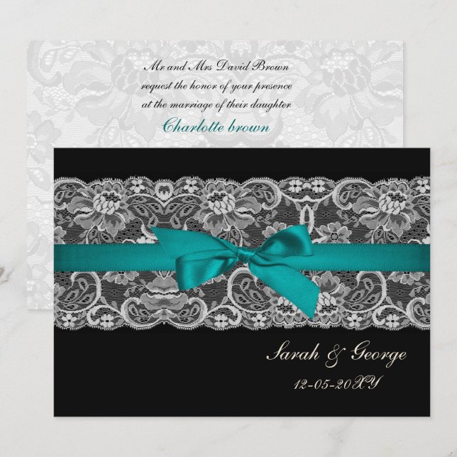 Faux lace and ribbon aqua , black  wedding invites (Front/Back)