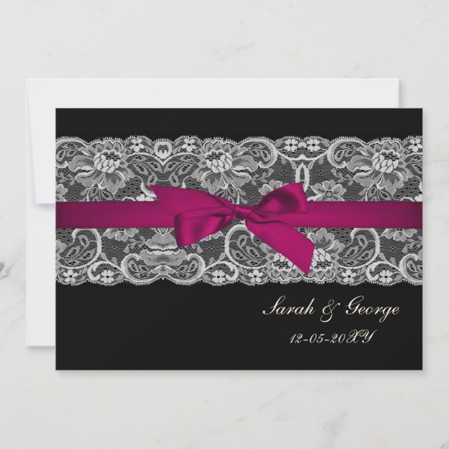Faux lace and ribbon pink , black  wedding invites (Front)
