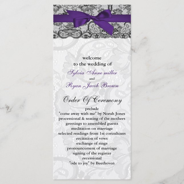 Faux lace and ribbon purple black wedding programs programme (Front)