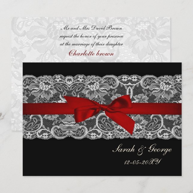 Faux lace and ribbon red black  wedding invites (Front/Back)