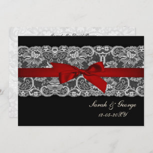 Faux lace and ribbon red black wedding invites