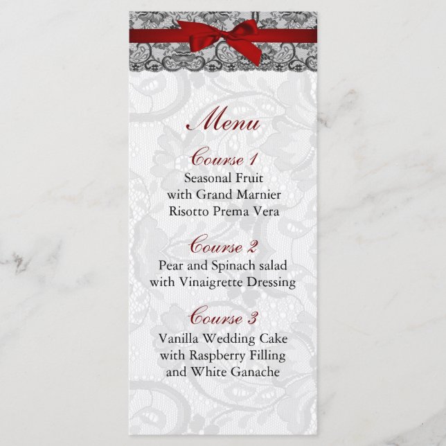 Faux lace and ribbon red ,black  wedding Menu (Front)