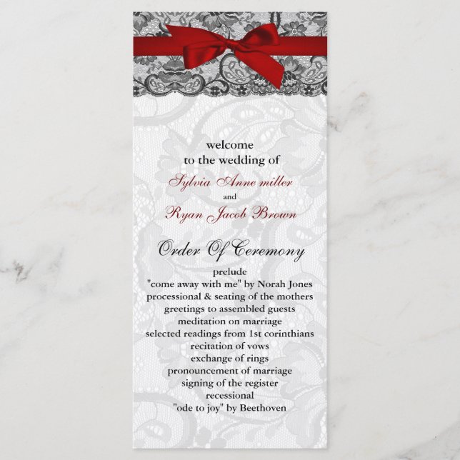 Faux lace and ribbon red , black  wedding programs programme (Front)