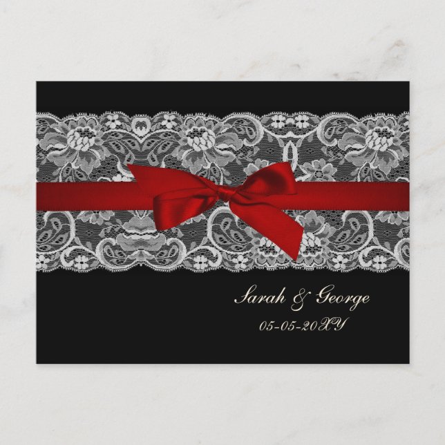 Faux lace and ribbon red , black  wedding rsvp invitation postcard (Front)