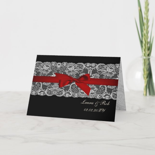 Faux lace and ribbon red ,black  wedding Thank You Card (Front)