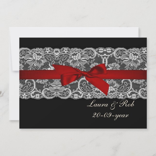 Faux lace and ribbon red ,black  wedding Thank You Card (Front)