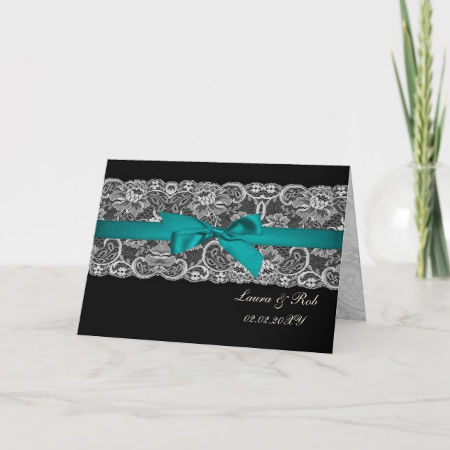 Faux lace and ribbon red ,black  wedding Thank You Note Card (Front)