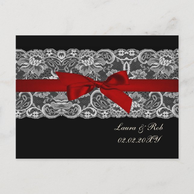 Faux lace and ribbon red ,black  wedding Thank You Postcard (Front)