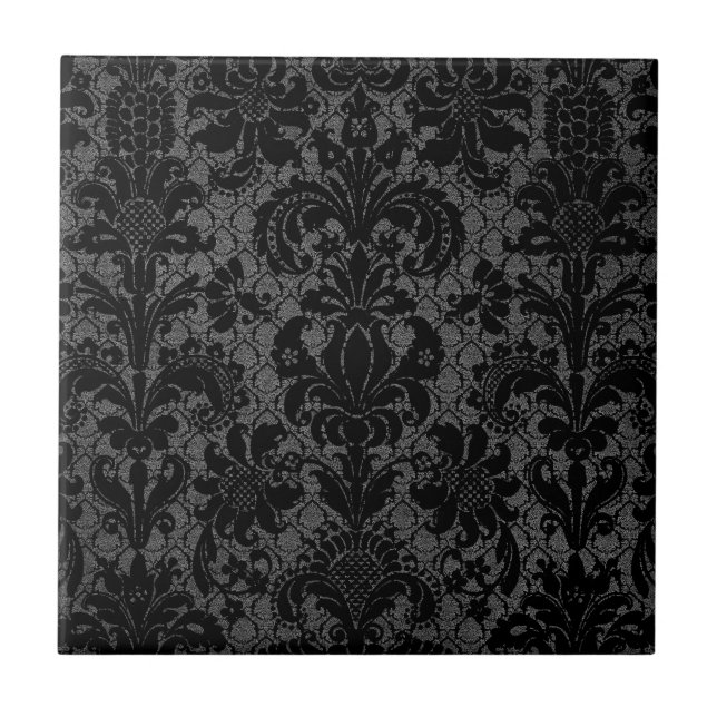 faux lace black grey damask pattern tile (Front)