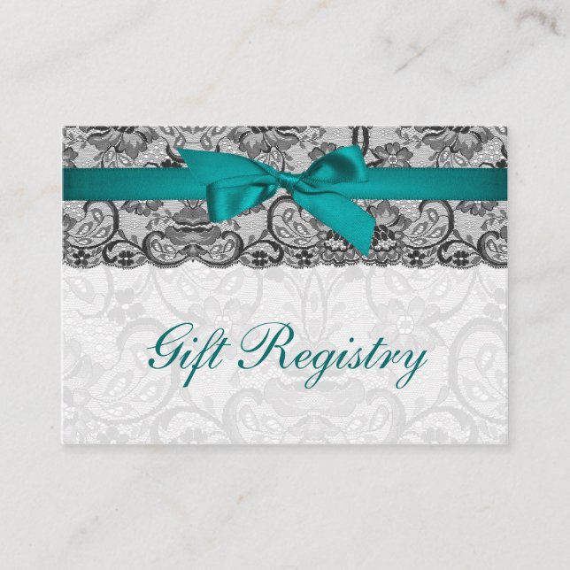 Faux lace  ribbon aqua, black  gift registry cards (Front)