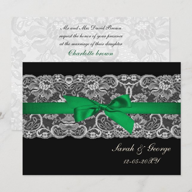 Faux lace  ribbon emerald green   wedding invites (Front/Back)