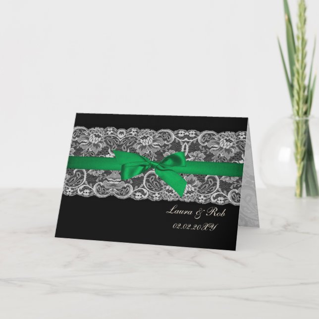 Faux lace  ribbon emerald green wedding Thank You Card (Front)