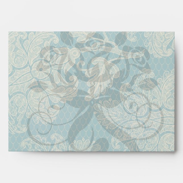 faux lace teal and cream floral damask pattern envelopes (Front)