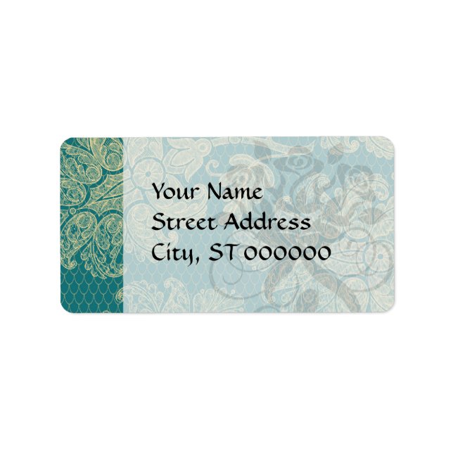 faux lace teal and cream floral damask pattern label (Front)