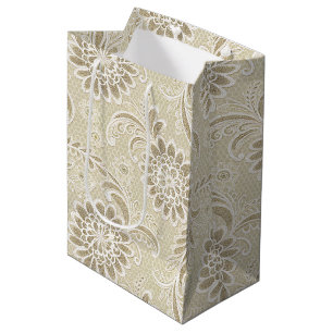 Faux Lace White on Ivory Wedding Bridal Retirement Medium Gift Bag
