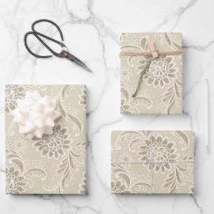Faux Lace White on Ivory Wedding Bridal Retirement Wrapping Paper Sheet