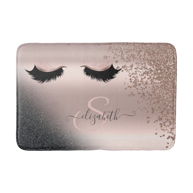 Faux Lashes Black Glitter Diamonds Rose Gold  Bath Mat (Front)