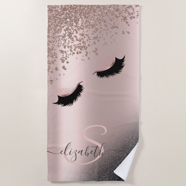 Faux Lashes Black Glitter Diamonds Rose Gold Beach Towel (Front)