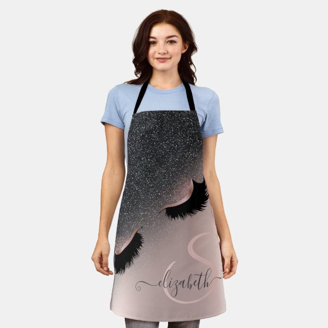Faux Lashes Black Glitter Ombre Rose Gold  Apron (Worn)