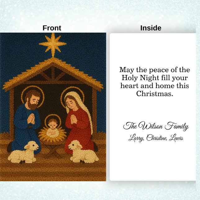 Faux Latch Hook Holy Family Nativity Christmas  Holiday Card (Faux Latch Hook Red and Blue Nativity Scene)