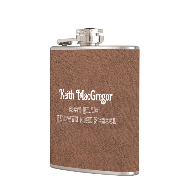 Faux Leather Brown Graduation Gift Hip Flask (Left)