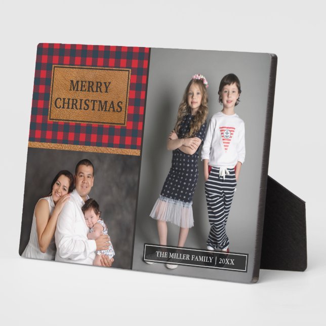 Faux Leather Buffalo Plaid Christmas Photo Collage Plaque (Side)